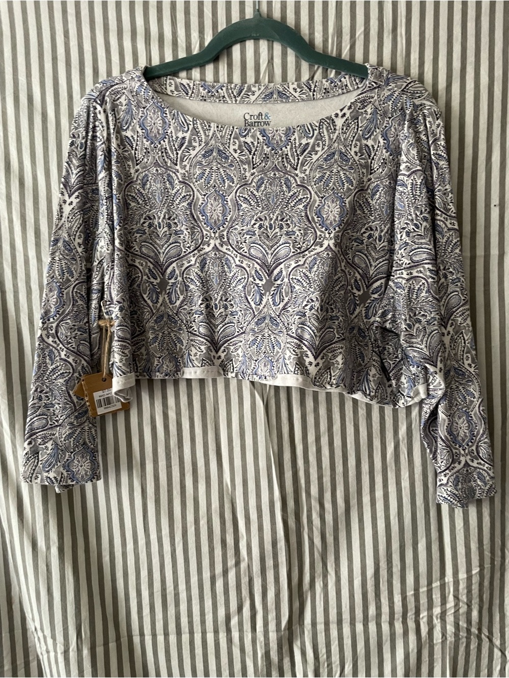Blue and White Paisley Long-Sleeve Crop Top